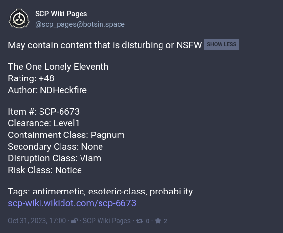 A Mastodon post from @scp_pages@botsin.space. The post content matches the general description noted before.